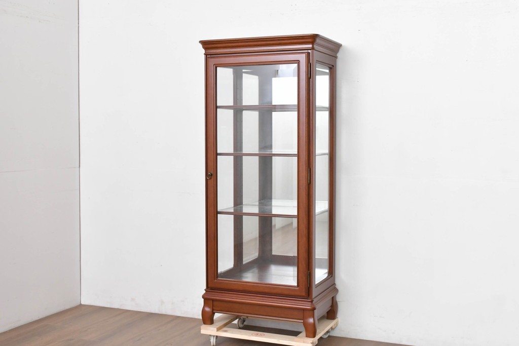 中古　希少な廃番品　maruni(マルニ木工)　ミラーバック×照明付きの縦型キュリオケース　※脚カットあり　(R-086434)