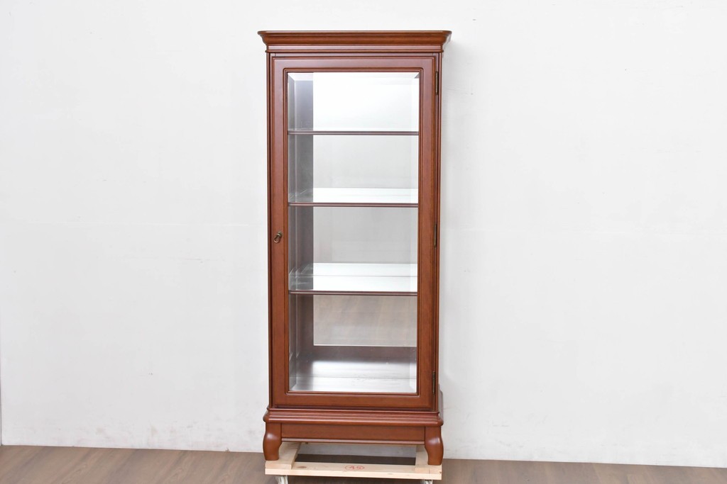 中古　希少な廃番品　maruni(マルニ木工)　ミラーバック×照明付きの縦型キュリオケース　※脚カットあり　(R-086434)