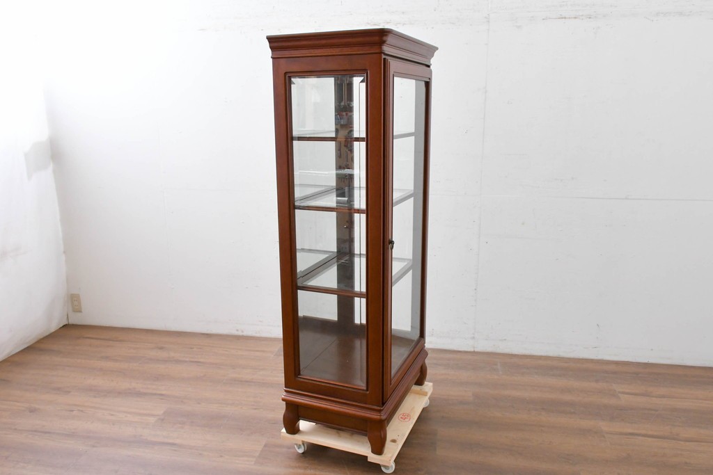 中古　希少な廃番品　maruni(マルニ木工)　ミラーバック×照明付きの縦型キュリオケース　※脚カットあり　(R-086434)