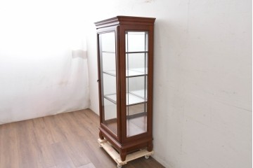 中古　希少な廃番品　maruni(マルニ木工)　ミラーバック×照明付きの縦型キュリオケース　※脚カットあり　(R-086434)