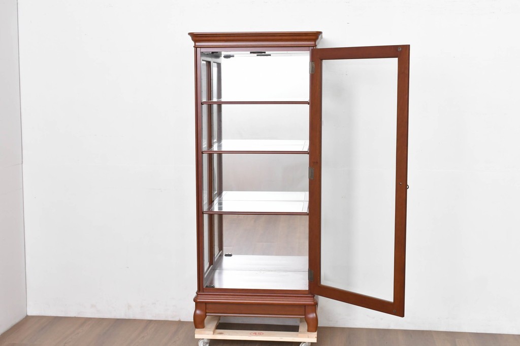 中古　希少な廃番品　maruni(マルニ木工)　ミラーバック×照明付きの縦型キュリオケース　※脚カットあり　(R-086434)