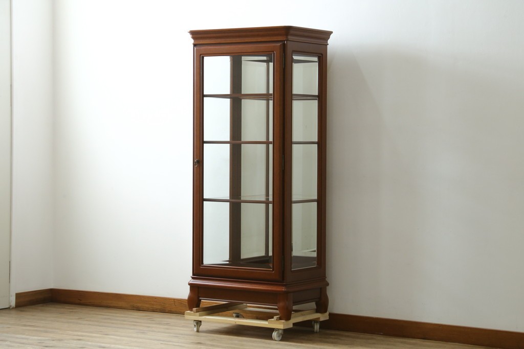 中古　希少な廃番品　maruni(マルニ木工)　ミラーバック×照明付きの縦型キュリオケース　※脚カット有り　(R-086434)
