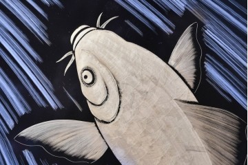 中古　在銘　輪島塗　蒔絵で鯉の滝登りを描いた衝立て　定価約150万円　(R-086435)