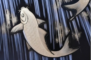 中古　在銘　輪島塗　蒔絵で鯉の滝登りを描いた衝立て　定価約150万円　(R-086435)