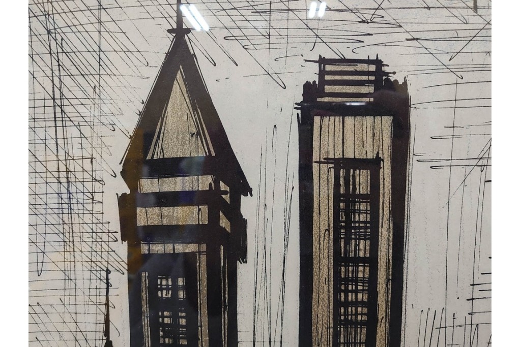 真作　1967年　ベルナール・ビュッフェ(Bernard Buffet)　「ニューヨーク」　都市景観を描いたリトグラフポスター　(R-086436)