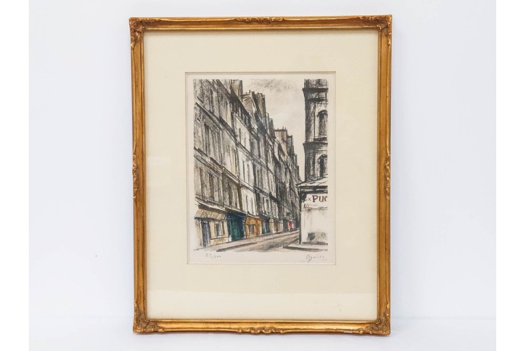 真作　サイン入り　荻須高徳　53/100　「パリの街角」　パリの街並みを描いたリトグラフ　外箱付き　(R-086439)