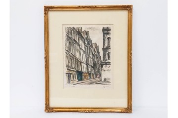 真作　サイン入り　荻須高徳　53/100　「パリの街角」　パリの街並みを描いたリトグラフ　外箱付き　(R-086439)