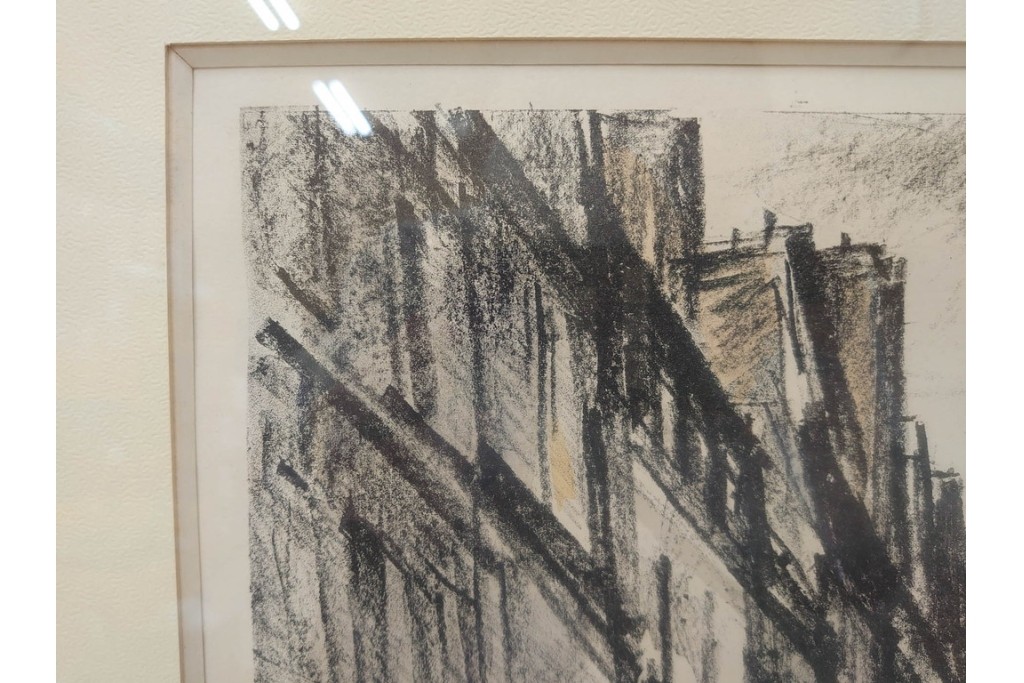 真作　サイン入り　荻須高徳　53/100　「パリの街角」　パリの街並みを描いたリトグラフ　外箱付き　(R-086439)