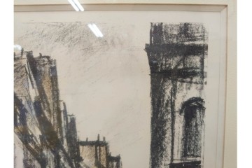 真作　サイン入り　荻須高徳　53/100　「パリの街角」　パリの街並みを描いたリトグラフ　外箱付き　(R-086439)