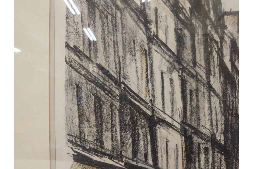 真作　サイン入り　荻須高徳　53/100　「パリの街角」　パリの街並みを描いたリトグラフ　外箱付き　(R-086439)