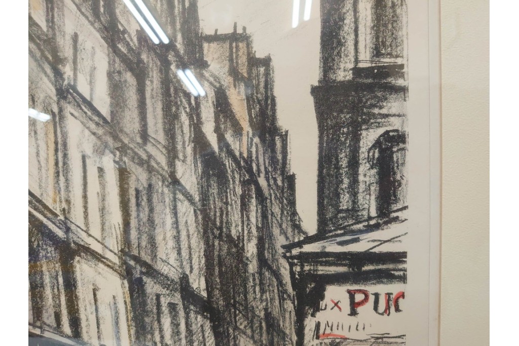 真作　サイン入り　荻須高徳　53/100　「パリの街角」　パリの街並みを描いたリトグラフ　外箱付き　(R-086439)