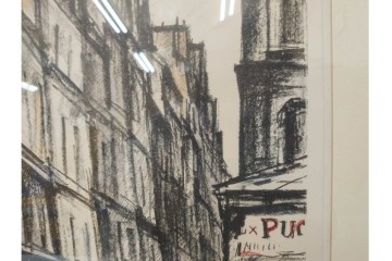 真作　サイン入り　荻須高徳　53/100　「パリの街角」　パリの街並みを描いたリトグラフ　外箱付き　(R-086439)