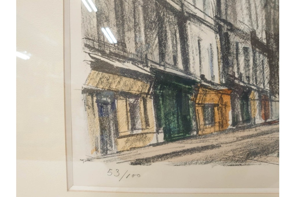真作　サイン入り　荻須高徳　53/100　「パリの街角」　パリの街並みを描いたリトグラフ　外箱付き　(R-086439)