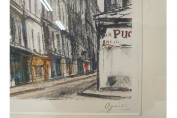 真作　サイン入り　荻須高徳　53/100　「パリの街角」　パリの街並みを描いたリトグラフ　外箱付き　(R-086439)