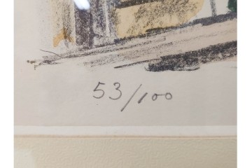 真作　サイン入り　荻須高徳　53/100　「パリの街角」　パリの街並みを描いたリトグラフ　外箱付き　(R-086439)