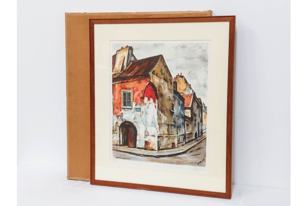 真作　サイン入り　荻須高徳　「街角の家」　142/150　パリの街並みを描いたリトグラフ　外箱付き　(R-086440)