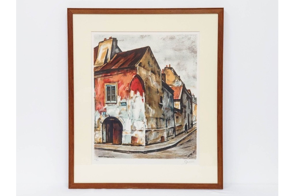 真作　サイン入り　荻須高徳　「街角の家」　142/150　パリの街並みを描いたリトグラフ　外箱付き　(R-086440)