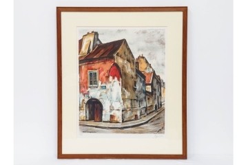 真作　サイン入り　荻須高徳　「街角の家」　142/150　パリの街並みを描いたリトグラフ　外箱付き　(R-086440)