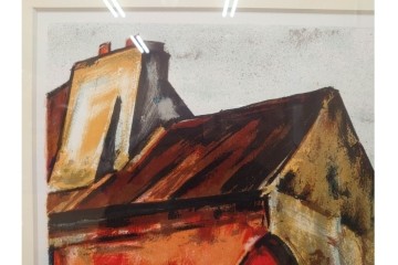 真作　サイン入り　荻須高徳　「街角の家」　142/150　パリの街並みを描いたリトグラフ　外箱付き　(R-086440)