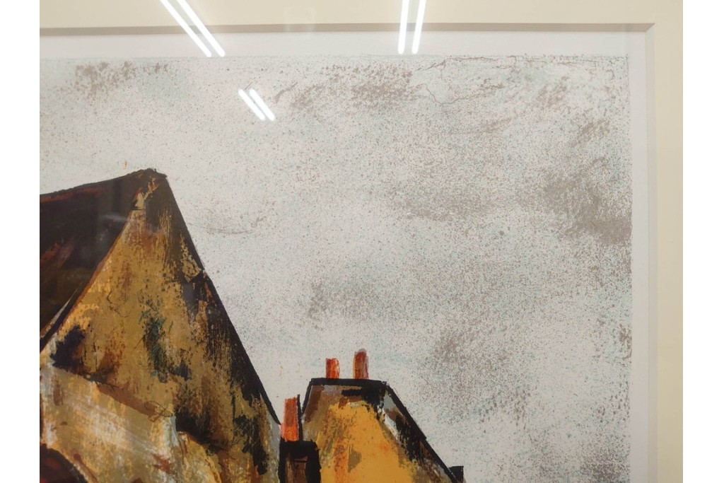 真作　サイン入り　荻須高徳　「街角の家」　142/150　パリの街並みを描いたリトグラフ　外箱付き　(R-086440)