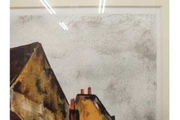 真作　サイン入り　荻須高徳　「街角の家」　142/150　パリの街並みを描いたリトグラフ　外箱付き　(R-086440)