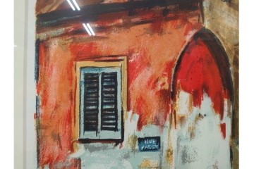 真作　サイン入り　荻須高徳　「街角の家」　142/150　パリの街並みを描いたリトグラフ　外箱付き　(R-086440)