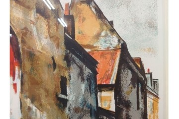 真作　サイン入り　荻須高徳　「街角の家」　142/150　パリの街並みを描いたリトグラフ　外箱付き　(R-086440)