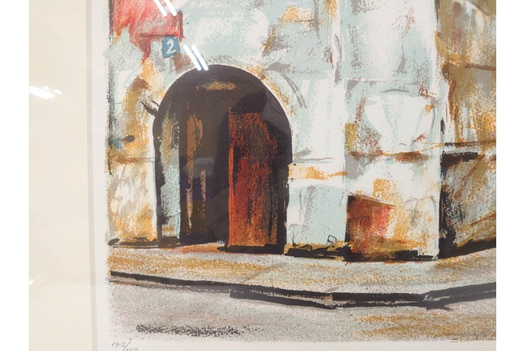 真作　サイン入り　荻須高徳　「街角の家」　142/150　パリの街並みを描いたリトグラフ　外箱付き　(R-086440)