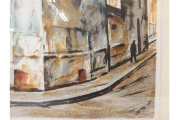 真作　サイン入り　荻須高徳　「街角の家」　142/150　パリの街並みを描いたリトグラフ　外箱付き　(R-086440)