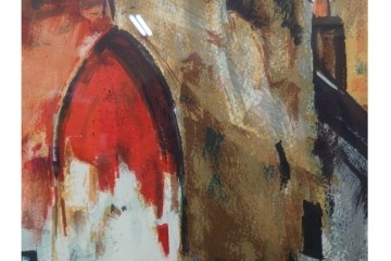 真作　サイン入り　荻須高徳　「街角の家」　142/150　パリの街並みを描いたリトグラフ　外箱付き　(R-086440)