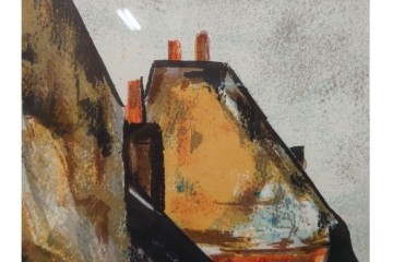 真作　サイン入り　荻須高徳　「街角の家」　142/150　パリの街並みを描いたリトグラフ　外箱付き　(R-086440)