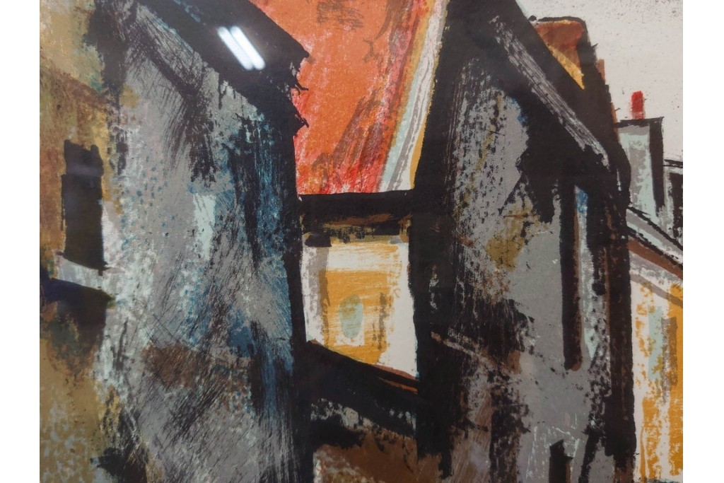 真作　サイン入り　荻須高徳　「街角の家」　142/150　パリの街並みを描いたリトグラフ　外箱付き　(R-086440)