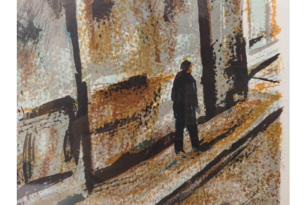 真作　サイン入り　荻須高徳　「街角の家」　142/150　パリの街並みを描いたリトグラフ　外箱付き　(R-086440)