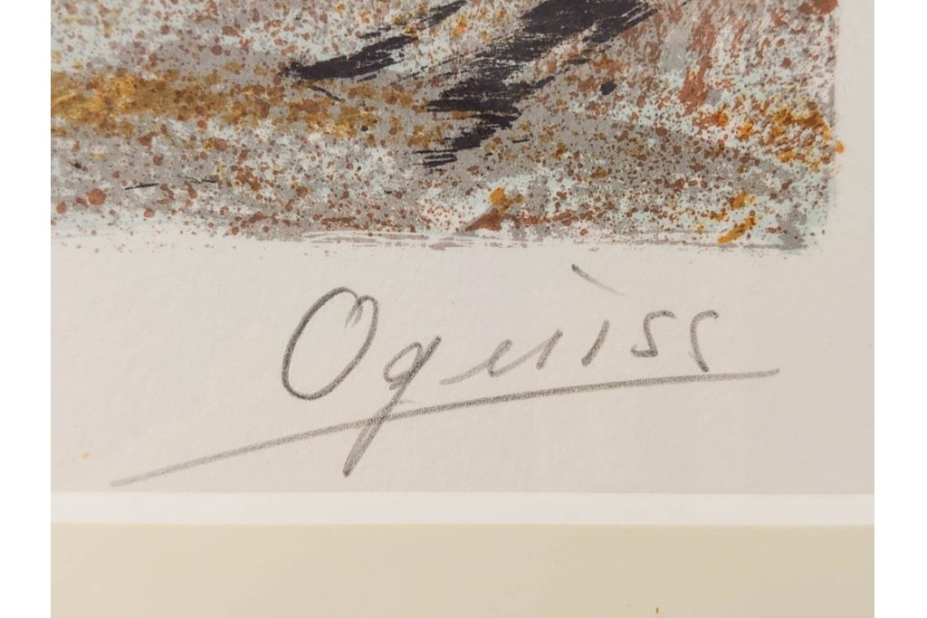 真作　サイン入り　荻須高徳　「街角の家」　142/150　パリの街並みを描いたリトグラフ　外箱付き　(R-086440)