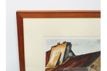 真作　サイン入り　荻須高徳　「街角の家」　142/150　パリの街並みを描いたリトグラフ　外箱付き　(R-086440)