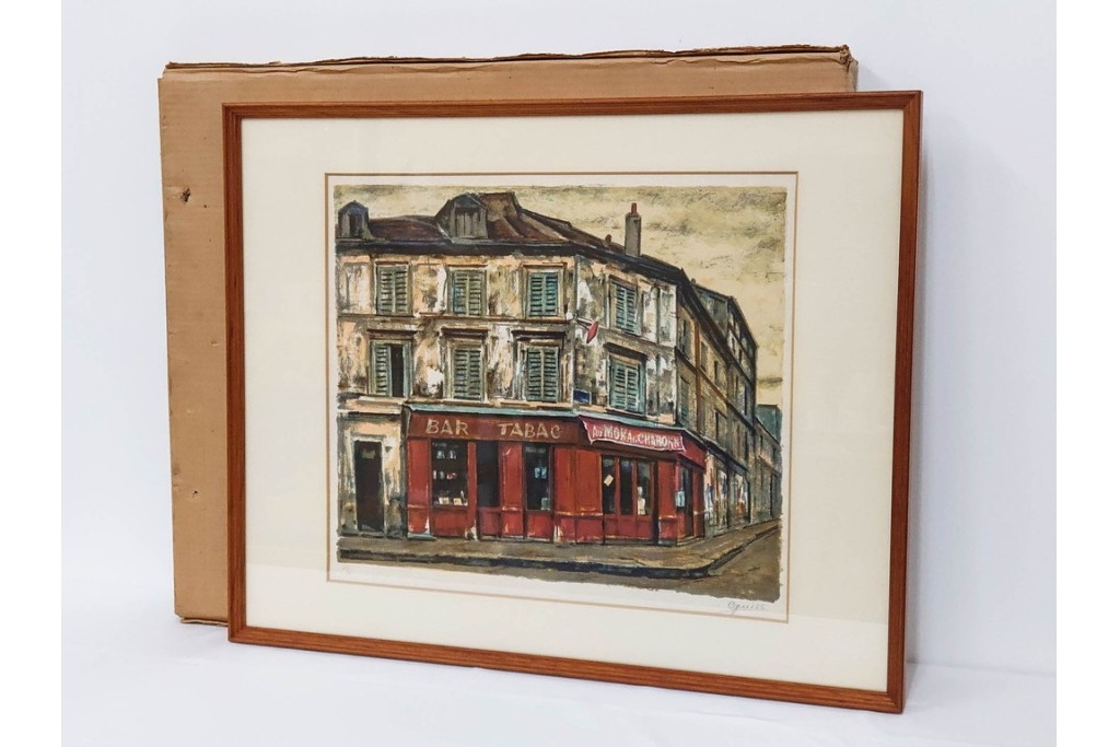 真作　サイン入り　荻須高徳　「街角のタバコ屋」　パリの街角を描いたリトグラフ　外箱付き　(R-086441)