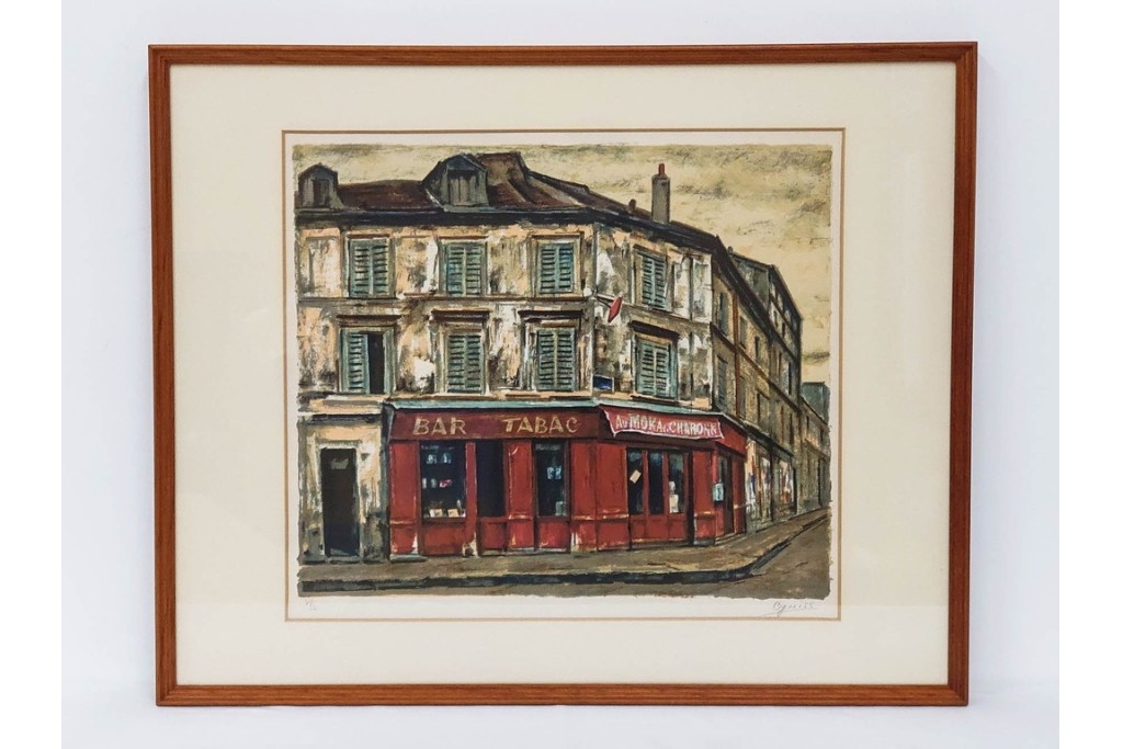 真作　サイン入り　荻須高徳　「街角のタバコ屋」　パリの街角を描いたリトグラフ　外箱付き　(R-086441)