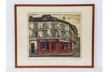 真作　サイン入り　荻須高徳　「街角のタバコ屋」　パリの街角を描いたリトグラフ　外箱付き　(R-086441)