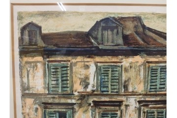 真作　サイン入り　荻須高徳　「街角のタバコ屋」　パリの街角を描いたリトグラフ　外箱付き　(R-086441)