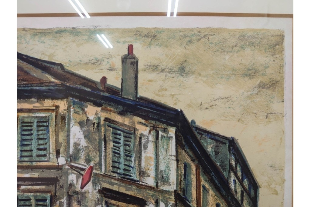 真作　サイン入り　荻須高徳　「街角のタバコ屋」　パリの街角を描いたリトグラフ　外箱付き　(R-086441)