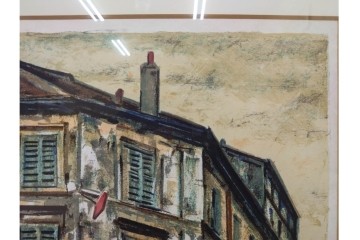 真作　サイン入り　荻須高徳　「街角のタバコ屋」　パリの街角を描いたリトグラフ　外箱付き　(R-086441)