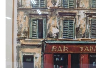 真作　サイン入り　荻須高徳　「街角のタバコ屋」　パリの街角を描いたリトグラフ　外箱付き　(R-086441)