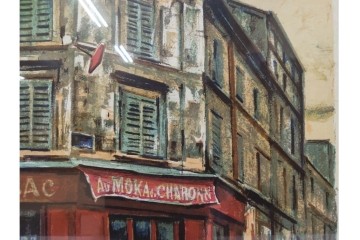 真作　サイン入り　荻須高徳　「街角のタバコ屋」　パリの街角を描いたリトグラフ　外箱付き　(R-086441)