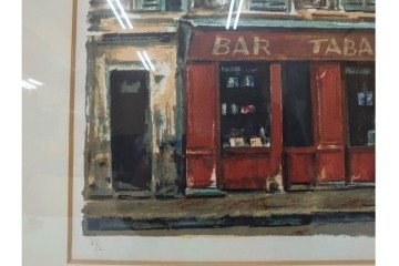 真作　サイン入り　荻須高徳　「街角のタバコ屋」　パリの街角を描いたリトグラフ　外箱付き　(R-086441)