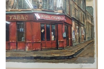 真作　サイン入り　荻須高徳　「街角のタバコ屋」　パリの街角を描いたリトグラフ　外箱付き　(R-086441)