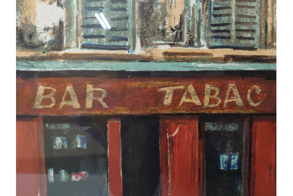 真作　サイン入り　荻須高徳　「街角のタバコ屋」　パリの街角を描いたリトグラフ　外箱付き　(R-086441)