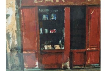 真作　サイン入り　荻須高徳　「街角のタバコ屋」　パリの街角を描いたリトグラフ　外箱付き　(R-086441)