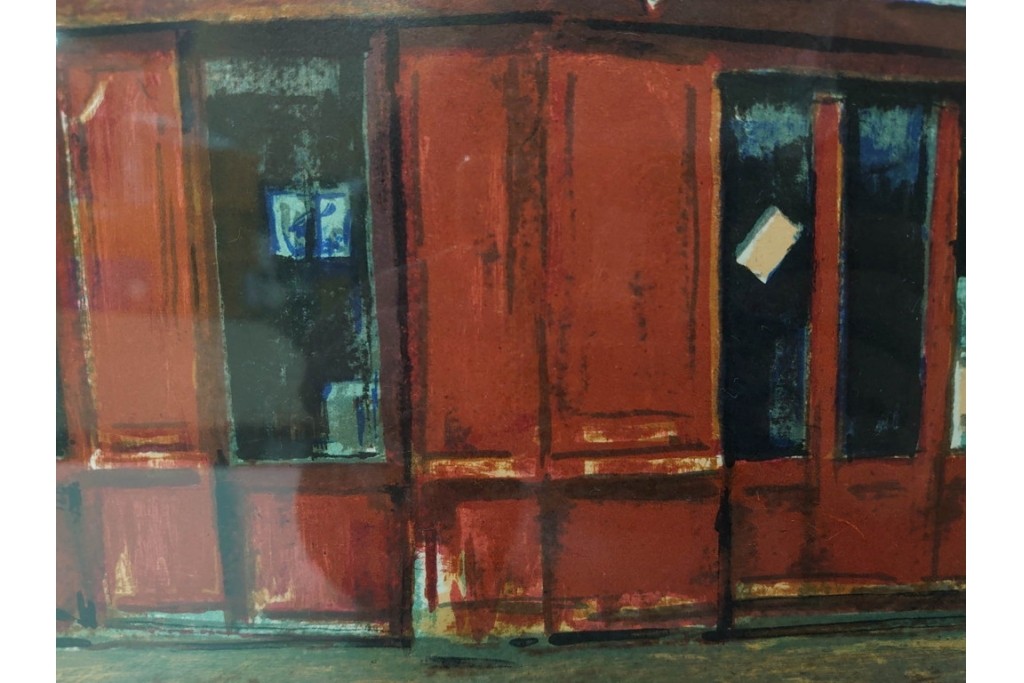 真作　サイン入り　荻須高徳　「街角のタバコ屋」　パリの街角を描いたリトグラフ　外箱付き　(R-086441)