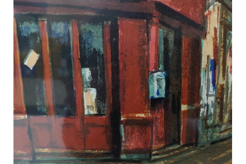 真作　サイン入り　荻須高徳　「街角のタバコ屋」　パリの街角を描いたリトグラフ　外箱付き　(R-086441)