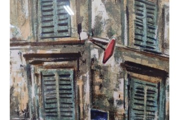 真作　サイン入り　荻須高徳　「街角のタバコ屋」　パリの街角を描いたリトグラフ　外箱付き　(R-086441)